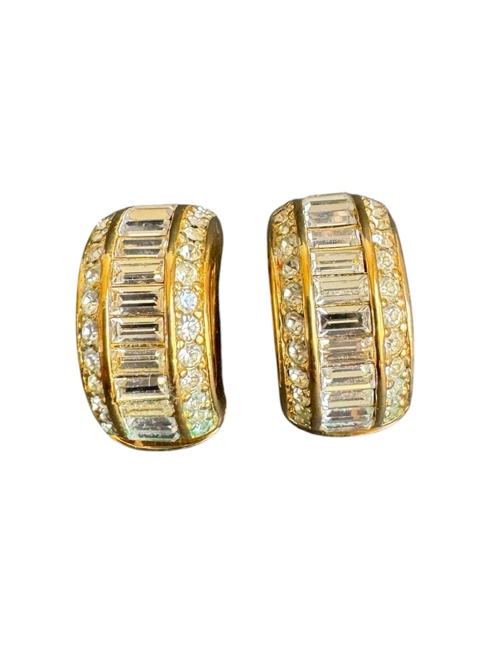 Vintage Christian Dior Huggie Hoop Earring Baguette CZ Gold Plated Clip-On 80s
